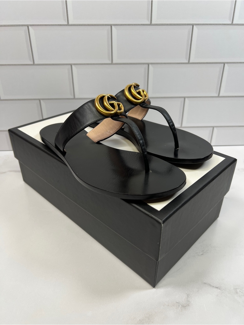 Gucci GG Marmont Gold Double Leather Thong Flat Sandal Sandals